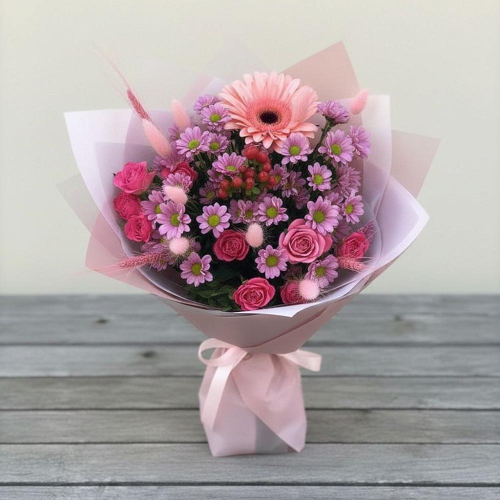 Букет цветов из: Розы, Герберы и Хризантемы в Арсеньево