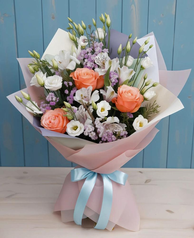 Букет цветов из: Лизиантусы, Розы, Альстромерии и Гипсофила в Арсеньево