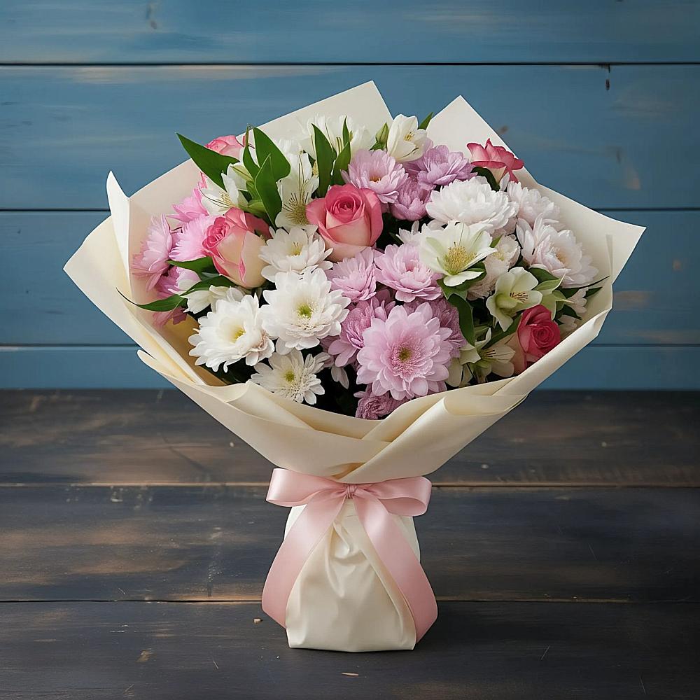 Букет цветов из: Хризантемы, Альстромерии и Розы в Арсеньево